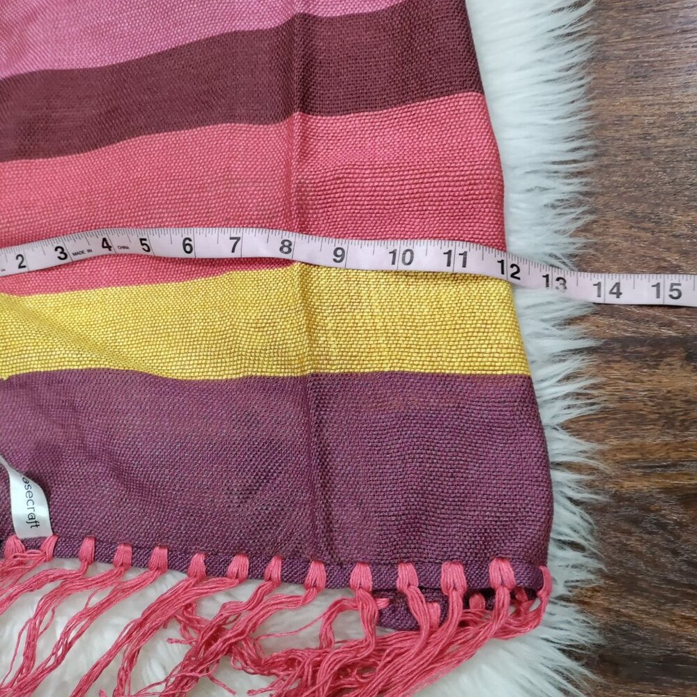 Rosecarft Pure Bamboo Handmade Handwoven Pink Purple Yellow Striped Fringe Scarf - Picture 9 of 10